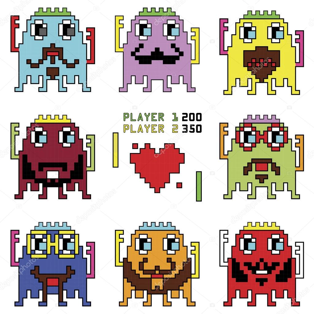 Pixelated hipster robot emoticons with simple hitting ball game with a heart shape inspired by 90's computer games showing different emotions