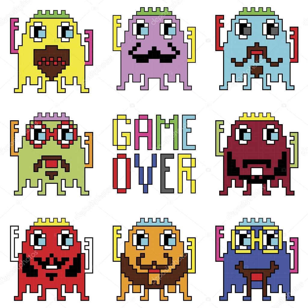 Pixelated hipster robot emoticons with simple WITH GAME OVER SIGN  inspired by 90's computer games showing different emotions