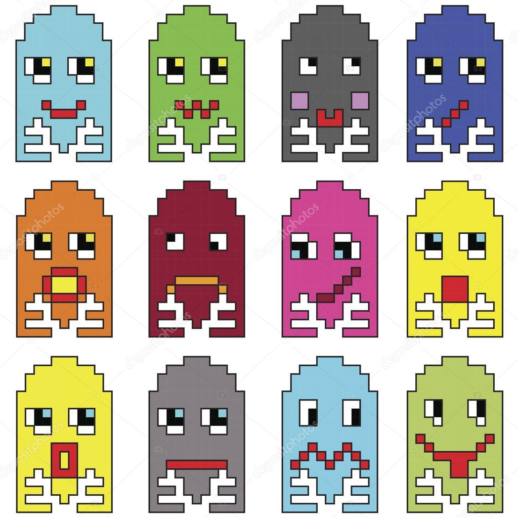 Pixelated  emoticons 2 inspired  by 90's vintage video computer  games showing vary emotions with stroke