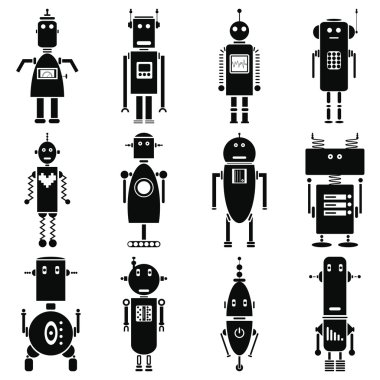 Vintage retro robotlar Icons set siyah beyaz