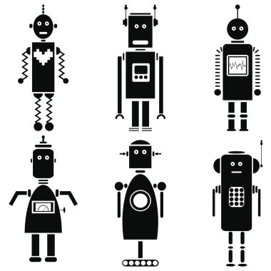 Siyah ve beyaz 6 (set A kümesinde Vintage retro robotlar Icons set)