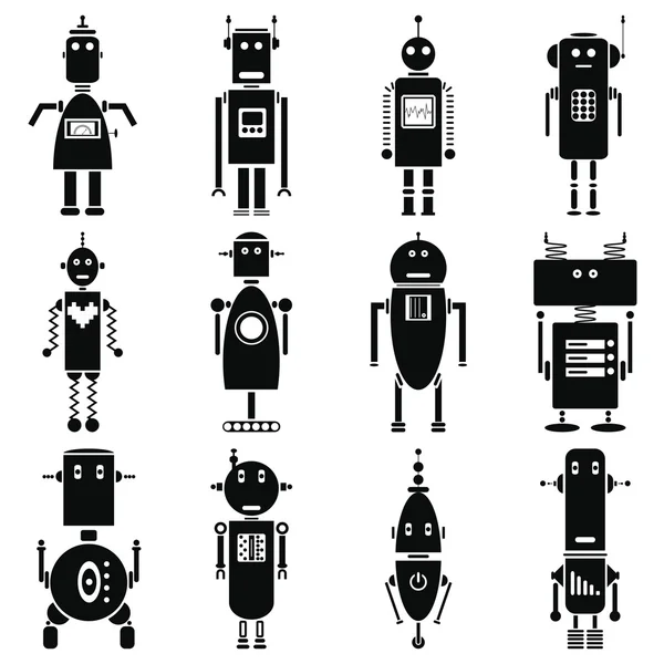 Vintage retro robotlar Icons set siyah beyaz