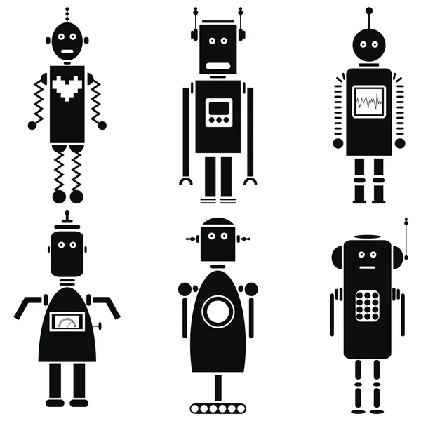 Vintage retro robotok ikonok beállítása a fekete-fehér készlet 6 (set A) — Stock Vector