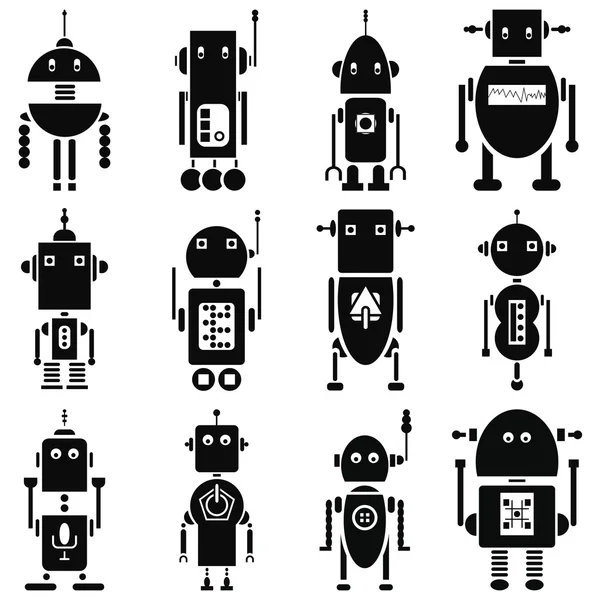 Siyah-beyaz Vintage retro robotlar 2 Icons set