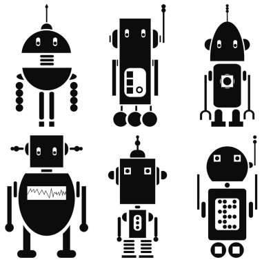 Siyah ve beyaz 6 (set A kümesinde Vintage retro robotlar Icons set)