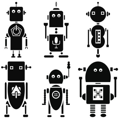 Siyah ve beyaz 6 (küme B kümesinde Vintage retro robotlar 2 Icons set)