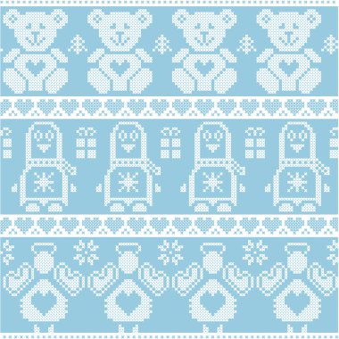 Blue Scandinavian vintage Christmas  Nordic seamless pattern with penguin, angel, teddy bear, Xmas gifts, hearts, decorative ornaments, Christmas trees in red cross stitch clipart