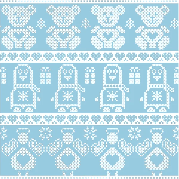 Blue Scandinavian vintage Christmas  Nordic seamless pattern with penguin, angel, teddy bear, Xmas gifts, hearts, decorative ornaments, Christmas trees in red cross stitch — Stock Vector