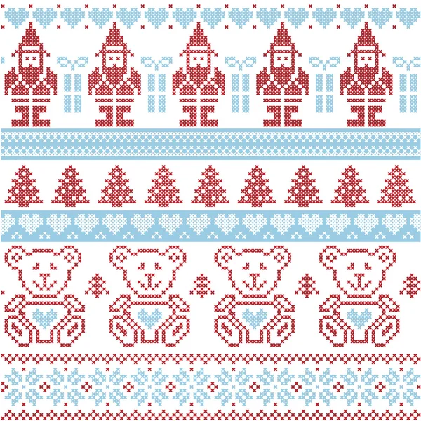 Blue and red Scandinavian inspired Nordic xmas seamless pattern with elf, stars, teddy bears, snow, xmas  trees, snowflakes, stars, snow, decorative ornaments  in red cross stitch — Stock Vector