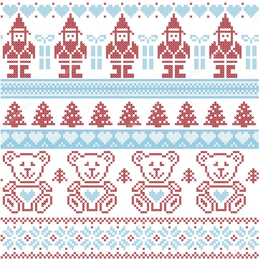 Blue and red Scandinavian inspired Nordic xmas seamless pattern with elf, stars, teddy bears, snow, xmas  trees, snowflakes, stars, snow, decorative ornaments  in red cross stitch