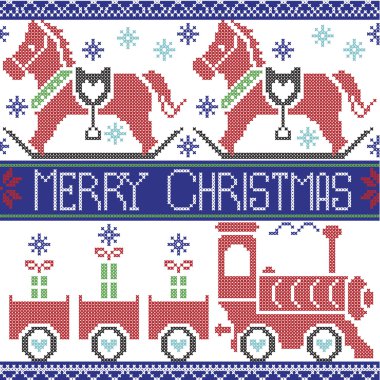 Koyu mavi, kırmızı, açık mavi, siyah, kırmızı ve yeşil Merry Christmas İskandinav sos tren, Xmas hediye, kupa, sallanan midilli at, yıldız, çapraz dikiş, kar taneleri ile seamless Nordic modeli