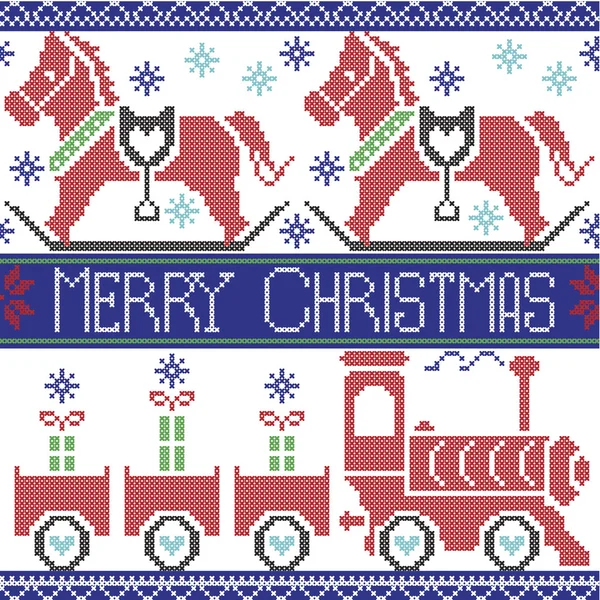 Dark blue, red, light blue, black, red and green Merry Christmas Scandinavian seamless Nordic pattern with gravy train, Xmas gifts, hearts, rocking pony horse, stars, snowflakes in cross stitch — стоковый вектор