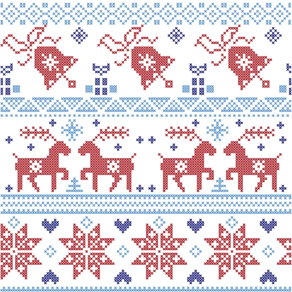 Donker en licht blauw en rood Scandinavische kerst Cross Stitch patroon met inbegrip van rendieren, sneeuwvlok, ster, xmas boom, Bell, presenteert in Scandinavische stijl Cross Stitch — Stockvector