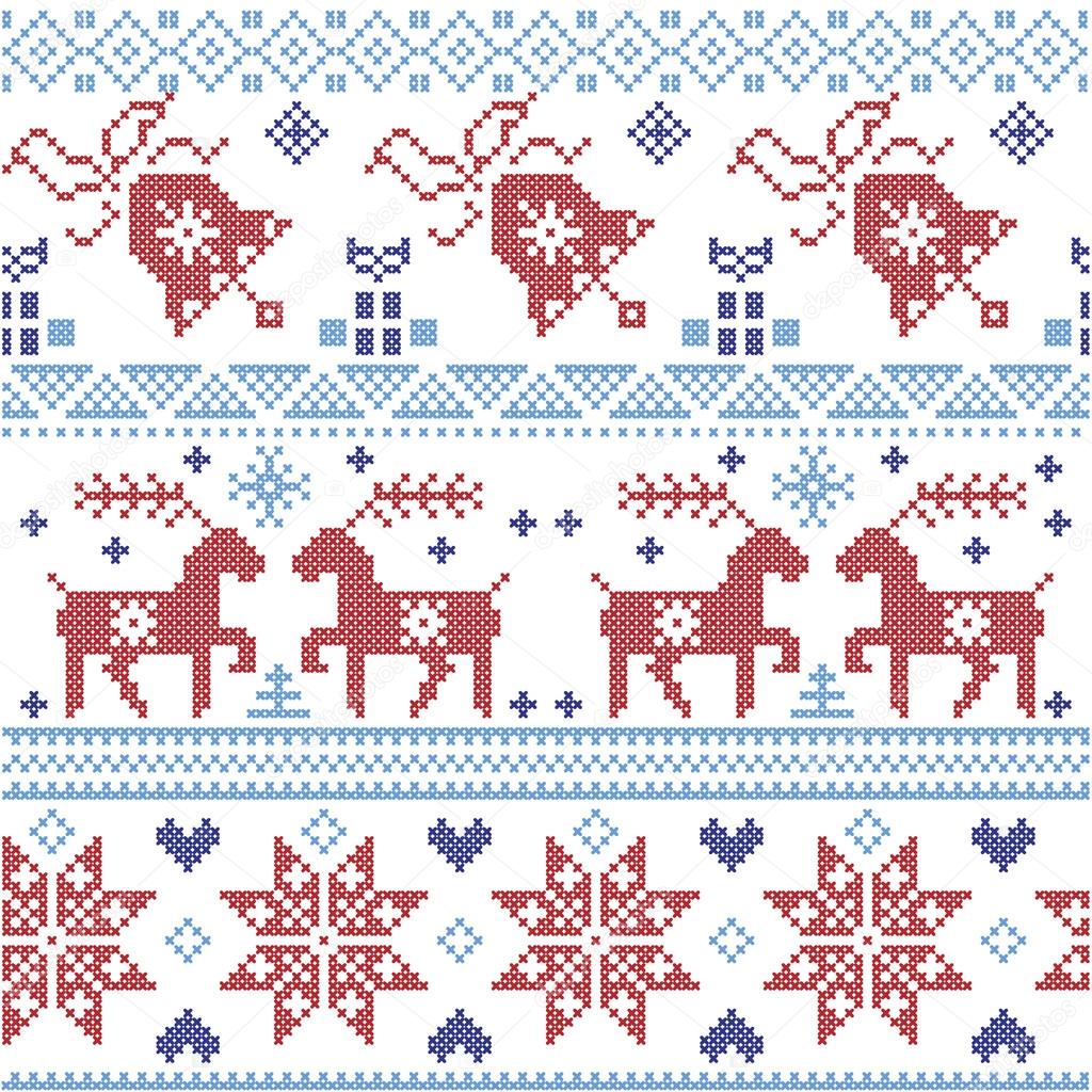 Dark And Light Blue And Red Scandinavian Christmas Cross Stitch Pattern Including Reindeer Snowflake Star Xmas Tree Bell Presents In Scandinavian Style Cross Stitch Stock Vector Royalty Free Vector Image By C Zozodesign