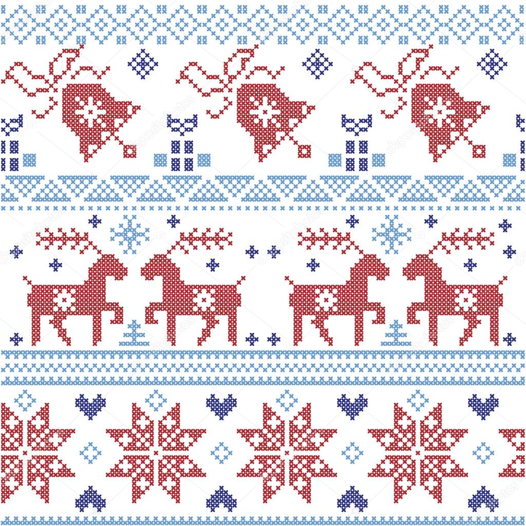 Dark and light blue and red  Scandinavian Christmas  cross stitch pattern including reindeer, snowflake, star, Xmas tree, bell, presents in scandinavian style cross stitch