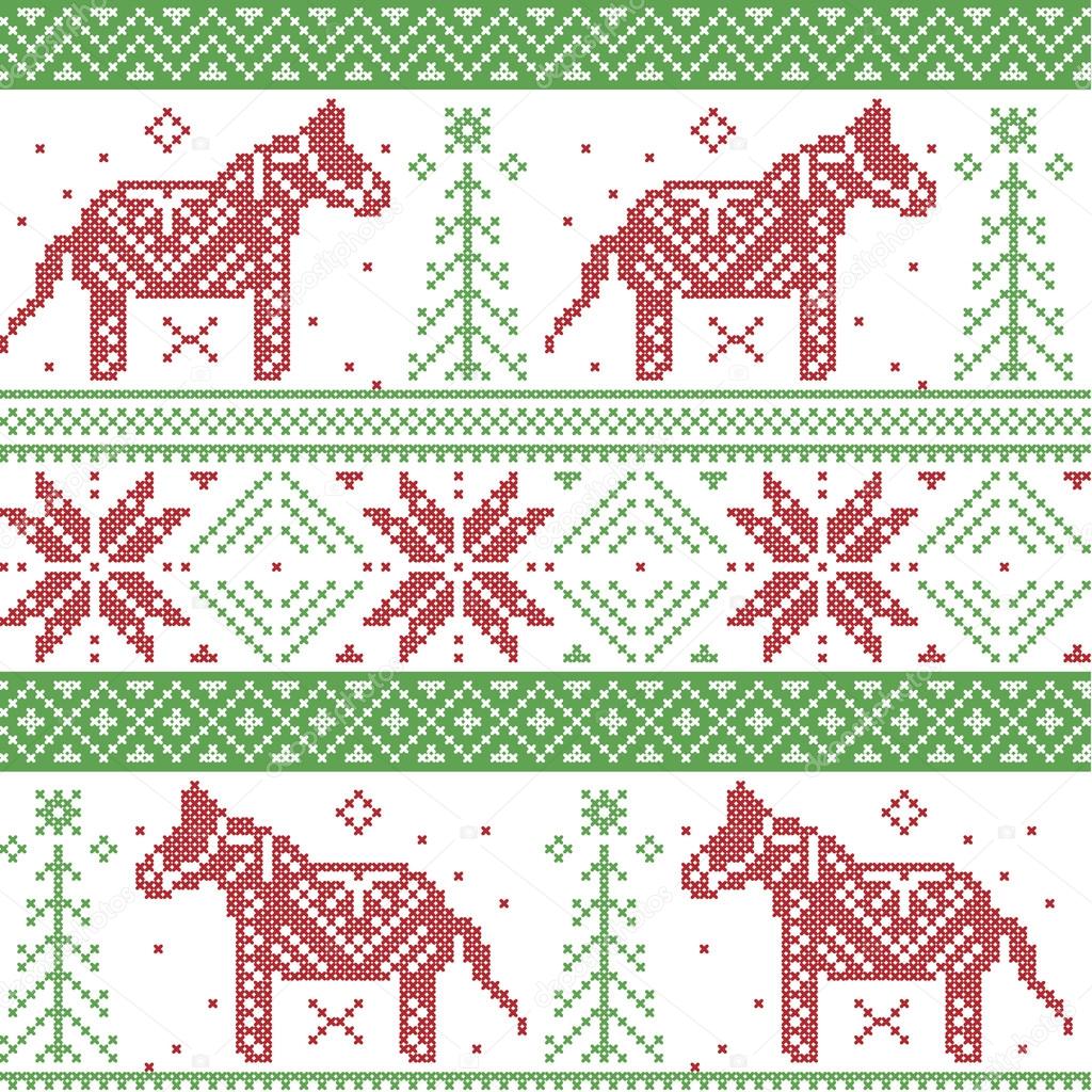Dark green and red Nordic Christmas pattern with stars, snowflakes, dala style horse in scandinavian style cross stitch