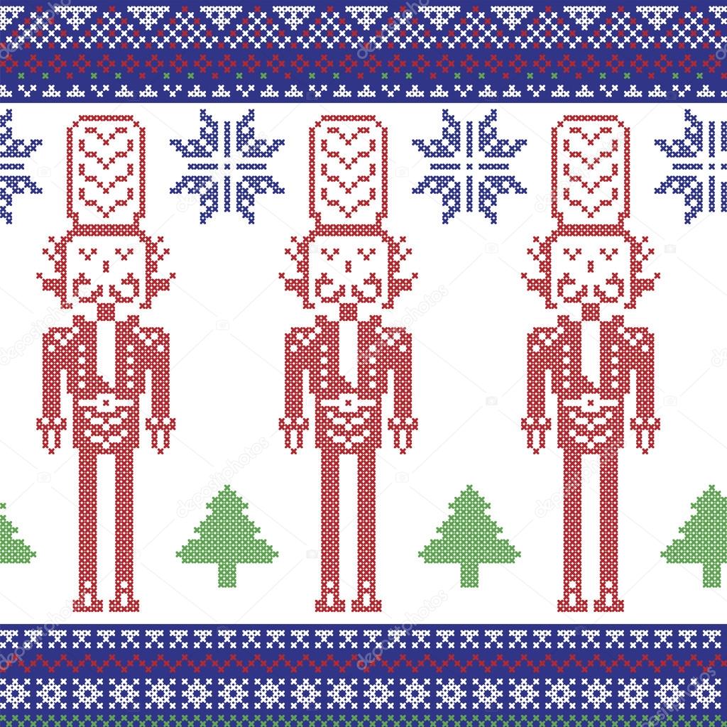 PrintRed , dark blue , and green Nordic Christmas  pattern with nutcracker soldier , Xmas trees , snowflakes, stars, snow decorative ornaments in scandinavian  style cross stitch