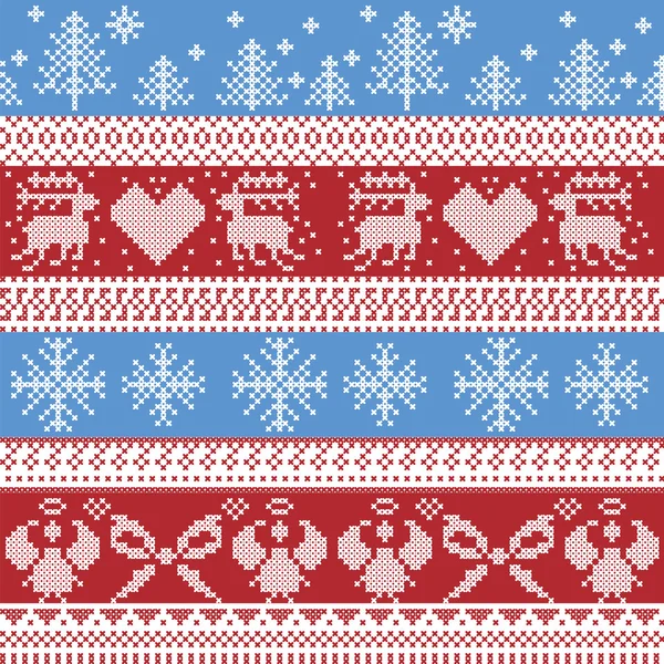 Patrón de invierno de Navidad nórdico azul y rojo con renos, conejos, árboles de Navidad, ángeles, arco en punto de cruz de estilo escandinavo — Vector de stock