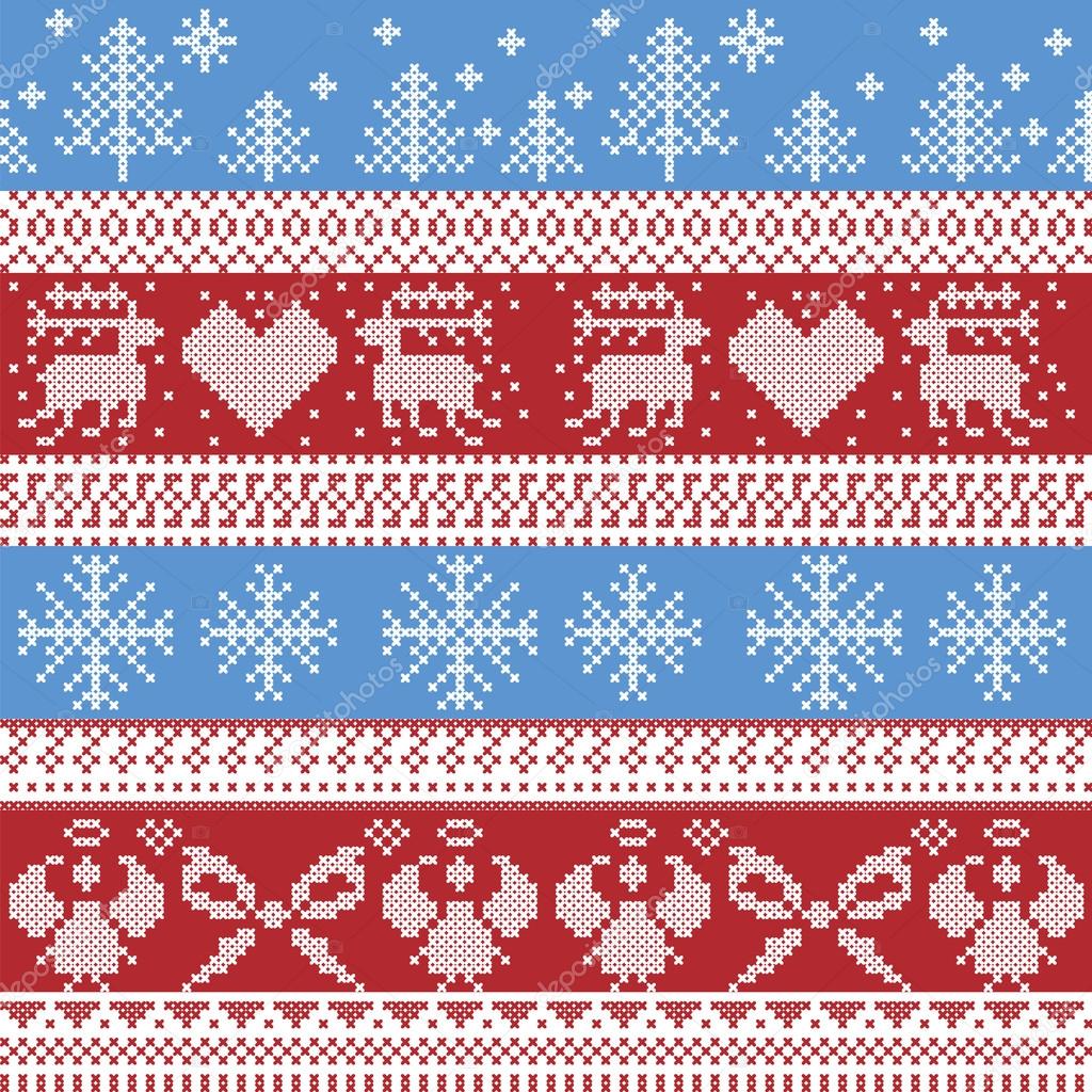 Blue and red Nordic Christmas winter  pattern with reindeer,rabbits, Xmas trees, angels, bow in Scandinavian style cross stitch
