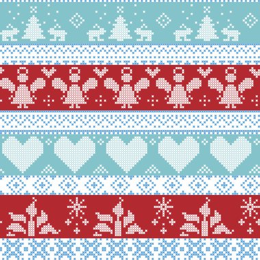 Light blue, blue, white and red Scandinavian Nordic Christmas seamless cross stitch pattern with angels, Xmas trees, rabbits, snowflakes, candles, ribbons with decorative ornaments