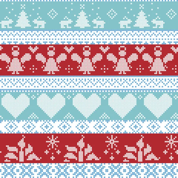 Light blue, blue, white and red Scandinavian Nordic Christmas seamless cross stitch pattern with angels, Xmas trees, rabbits, snowflakes, candles, ribbons with decorative ornaments — стоковий вектор