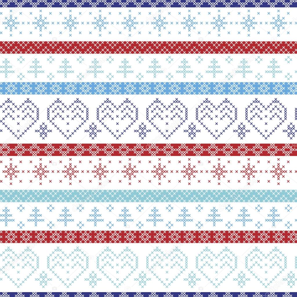 Light and dark blue, duck egg, and red Nordic Christmas seamless  pattern with hearts, trees, decorative elements in scandinavian cross patternt