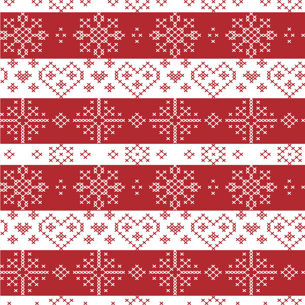 Красно-белый Nordic Рождество плавный узор со звездами, снежинками, сердцами, декоративные элементы в скандинавских крест вязание узор
