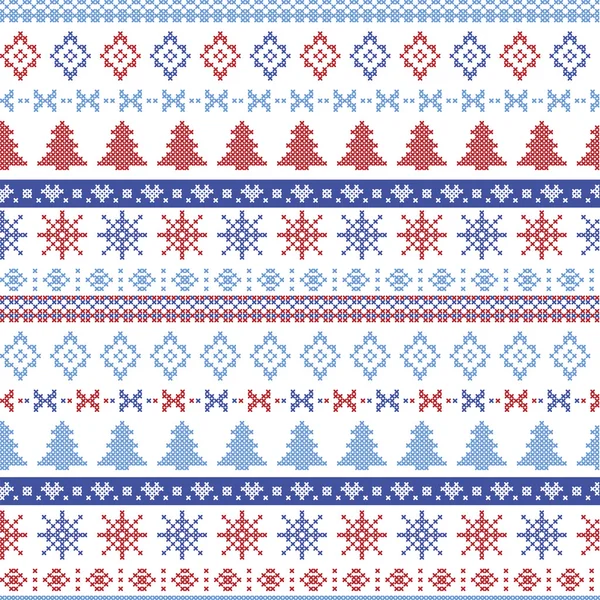 Dark and light blue and red Christmas Nordic pattern with snowflakes, trees ,  xmas trees and decorative ornaments in scandinavian knitted cross stitch — Stok Vektör