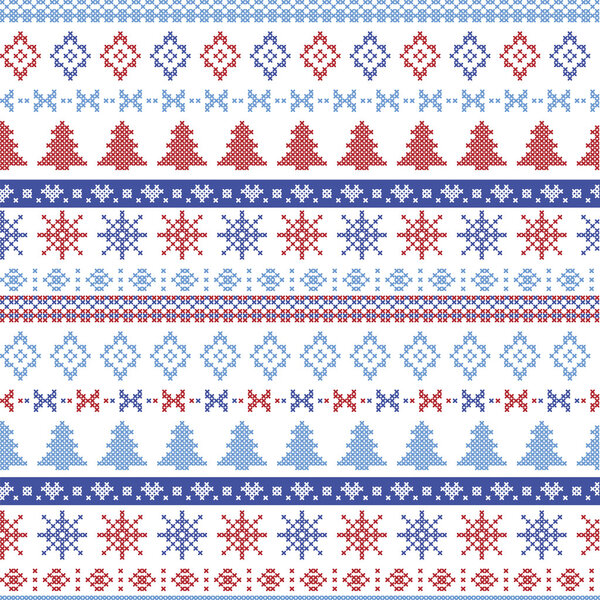 Скандинавский рисунок с снежинками, деревьями, рождественскими елками и декоративными украшениями в скандинавском вязаном кресте
