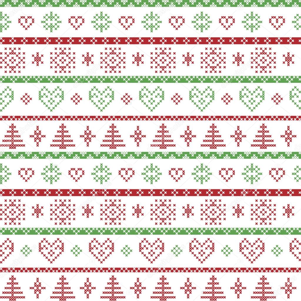 Red and green on the white background Nordic Christmas pattern with snowflakes and forest xmas trees decorative ornaments in scandinavian knitting pattern