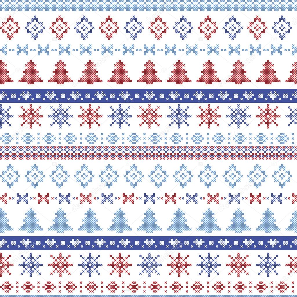 Dark and light blue and red Christmas Nordic pattern with snowflakes, trees ,  xmas trees and decorative ornaments in scandinavian knitted cross stitch