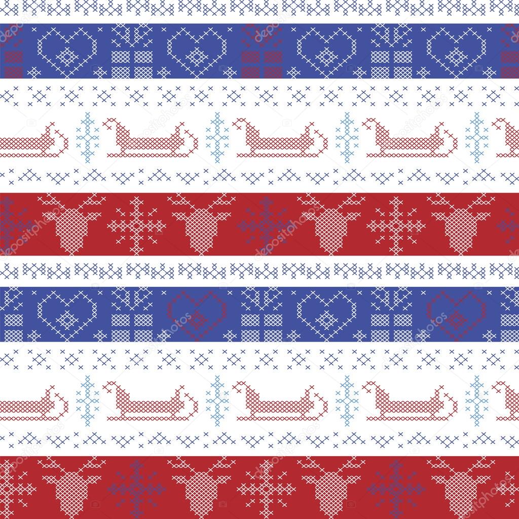 Dark and light blue, and red Nordic Christmas seamless pattern with santas sleigh, reindeer, snowflakes, stars decorative ornaments in scandinavian knitted stitch