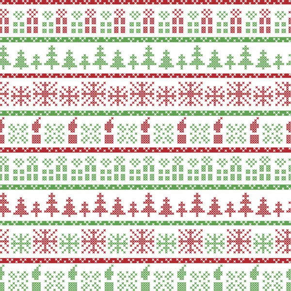 Patrón nórdico de Navidad verde y rojo que incluye regalos de Navidad, velas, copos de nieve, estrellas, adornos decorativos en punto de cruz de estilo escandinavo — Vector de stock