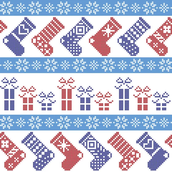 Modèle de Noël nordique bleu foncé, bleu clair et rouge avec bas, étoiles, flocons de neige, cadeaux, ornements décoratifs en point de croix scandinave tricoté au point de croix — Image vectorielle