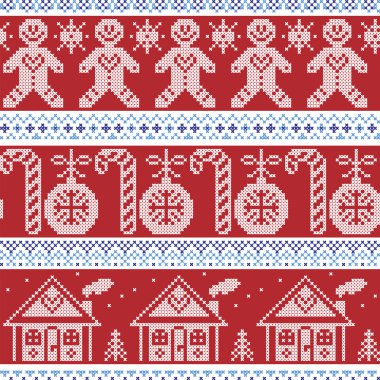 Koyu mavi, açık mavi ve kırmızı İskandinav nordic seamless modeli zencefilli kurabiye adam, xmas şeker şeker kamışı, zencefilli ev, Noel ağaçları, kalp, baubles, yıldız, kar taneleri içinde çapraz dikiş ile