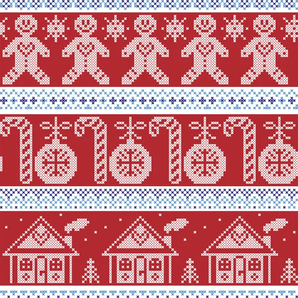 Dark blue, light blue and red Scandinavian nordic seamless pattern with gingerbread man, xmas candy candy cane, gingerbread house, xmas trees, heart, baubles, stars, snowflakes in cross stitch — Stock Vector