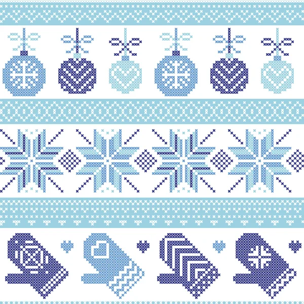 Nordique scandinave motif de Noël sans couture avec boules de Noël, gants, étoiles, flocons de neige, ornements de Noël, élément de neige, coeurs dans trois nuances de point de croix bleu tricot — Image vectorielle