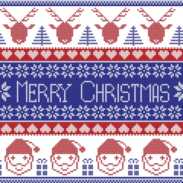 Donker blauwe en rode Scandinavische Merry Christmas patroon met Santa Claus, xmas presenteert, rendier, decoratieve ornamenten, sneeuw, sterren, xmas bomen in Scandinavische stijl gebreide cross stitch — Stockvector