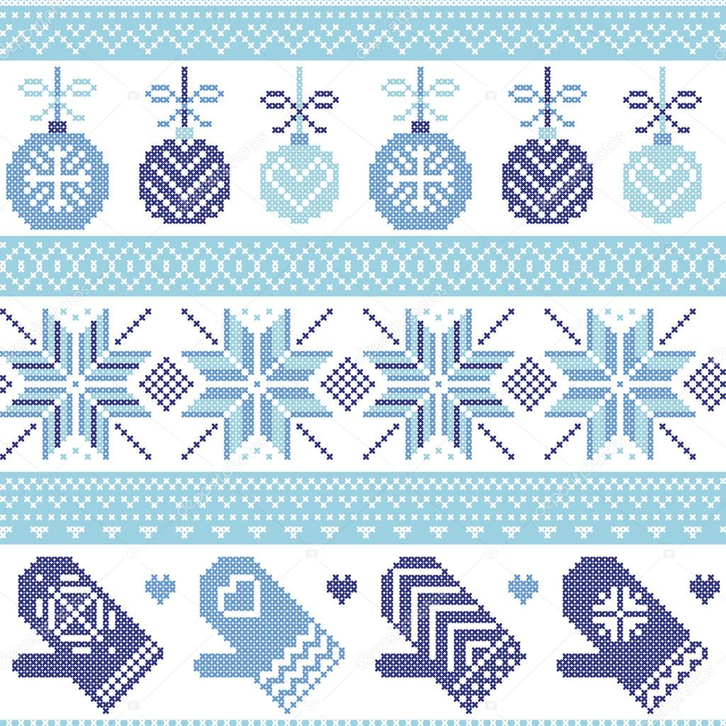 Scandinavian Nordic seamless Christmas pattern with Xmas baubles, gloves, stars, snowflakes, Xmas ornaments, snow element, hearts in three shades of blue cross stitch knitting