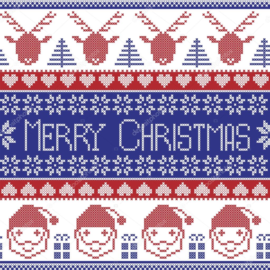 Dark blue and red Scandinavian Merry Christmas pattern with Santa Claus, xmas presents, reindeer, decorative ornaments,  snowflakes, stars, xmas trees in nordic style knitted cross stitch