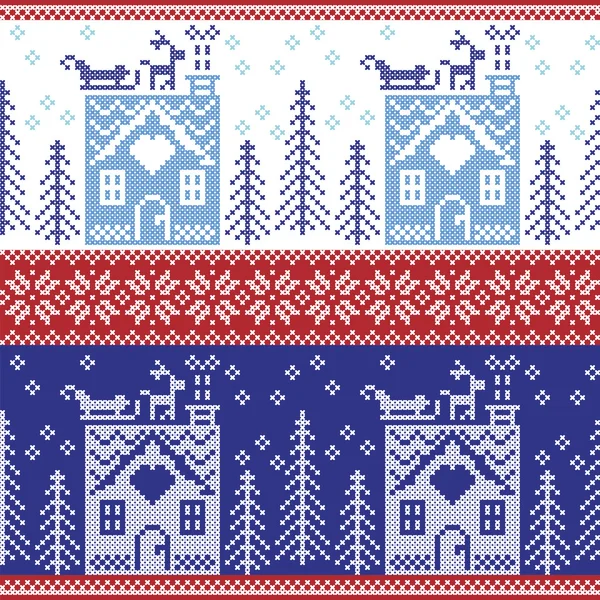 Скандинавські північних Різдво безшовні візерунок з пряники Будинок снігу оленів, сани Санта-Клауса, дерева, зірка, сніг, Xmas подарунок, сніжинки в темних і світлих синій хрест стібка — стоковий вектор