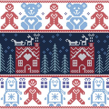 İskandinav Nordic Noel zencefil ekmek evi, Ren geyiği, kar, kar taneleri, ağaç, Xmas süsleme, penguenler, zencefilli kurabiye adam ile seamless modeli, oyuncak ayılar kırmızı yeşil mavi