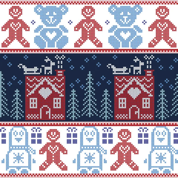 İskandinav Nordic Noel zencefil ekmek evi, Ren geyiği, kar, kar taneleri, ağaç, Xmas süsleme, penguenler, zencefilli kurabiye adam ile seamless modeli, oyuncak ayılar kırmızı yeşil mavi