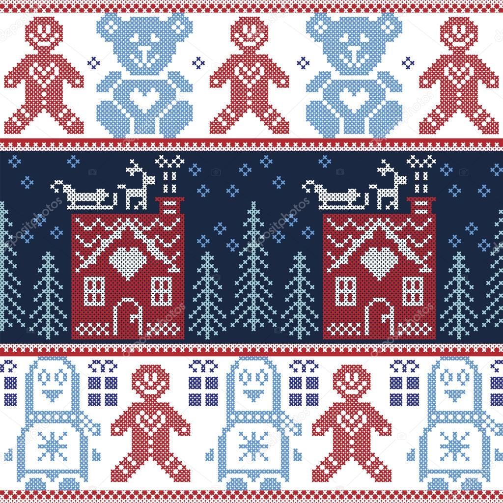 Scandinavian Nordic Christmas seamless pattern with ginger bread house, reindeer, snow, snowflakes, tree, Xmas ornament,  penguins, gingerbread man, teddy bears in red blue green