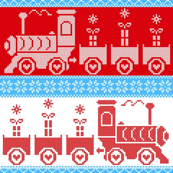 Blue, red and white Scandinavian Christmas Nordic Seamless Pattern with gravy train, gifts, stars, snowflakes, hearts, snow, in cross stitch pattern — Stock Vector