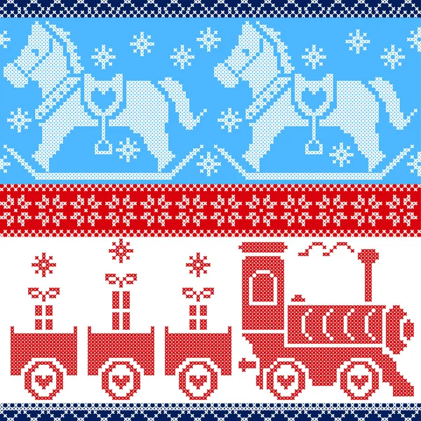 Blue, red, and white Scandinavian seamless Nordic pattern with gravy train, Xmas gifts, hearts, rocking pony horse, stars, snowflakes in red cross stitch — стоковый вектор