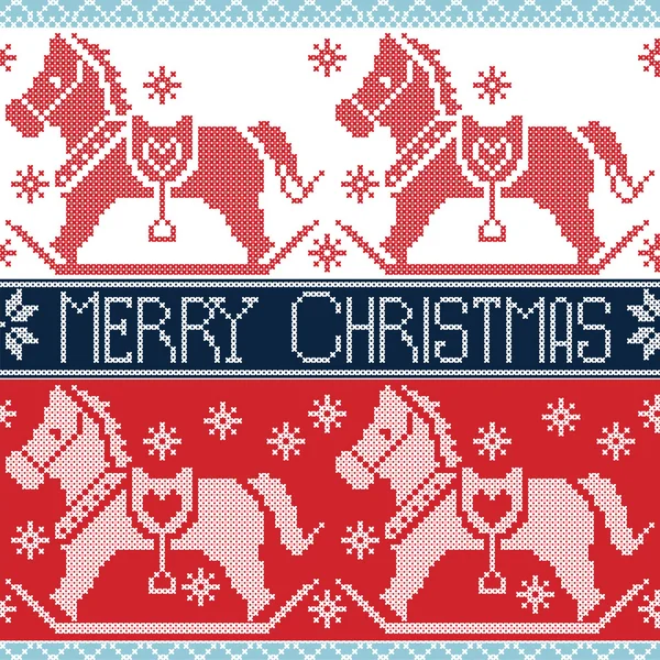 Azul claro y oscuro, rojo Feliz Navidad Patrón nórdico sin costuras escandinavo con balanceo caballos de dala pony, estrellas, copos de nieve en punto de cruz de punto — Vector de stock