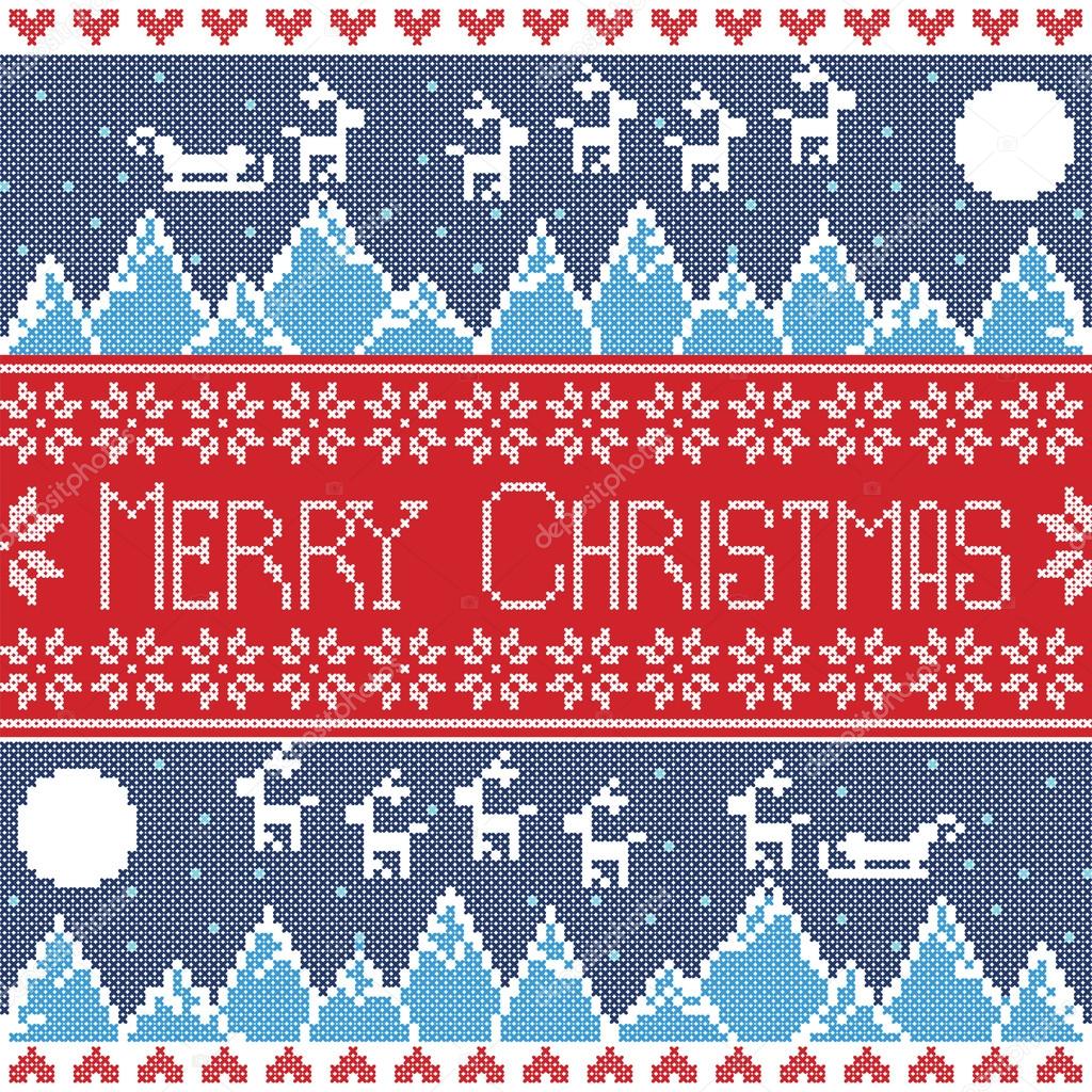 Blue, red and dark blue Scandinavian Merry xmas seamless nordic pattern with winter mountains view, reindeer, stars, snowflakes, hearts, sleigh, moon, snow In norwegian style cross stitch