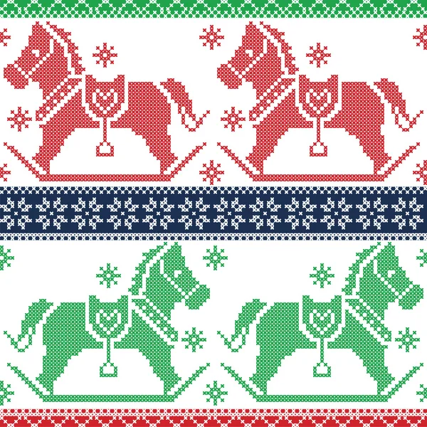 Grön, mörk blå, röd god jul Scandinavian sömlös nordiska mönster med vaggande dala ponny hästar, stjärnor, snöflingor i cross stitch stickning — Stock vektor