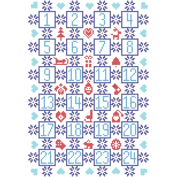 Calendrier scandinave foncé, bleu clair et rouge inspiré du calendrier de l'Avent de Noël nordique avec des éléments décoratifs tels que flocons de neige, ornements décoratifs, rennes boules, traîneau, Père Noël, patins, coeur, chapeau d'hiver, gant, arbre, ange, bas, cloche — Image vectorielle